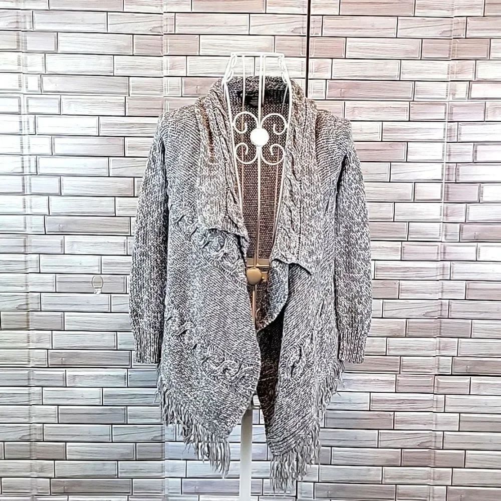 Planet Gold open front knit cardigan with Fringe - Marled Grey Womens Size S